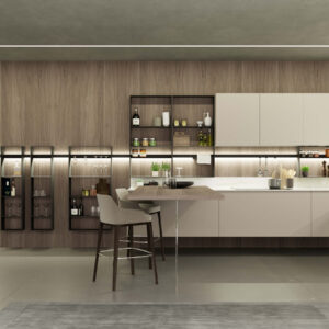 Naber Nischenrückwand mit integrierter Beleuchtung und Regalsystem, kombiniert mit Holzoptik und modernen Küchenmöbeln für funktionale Aufbewahrung