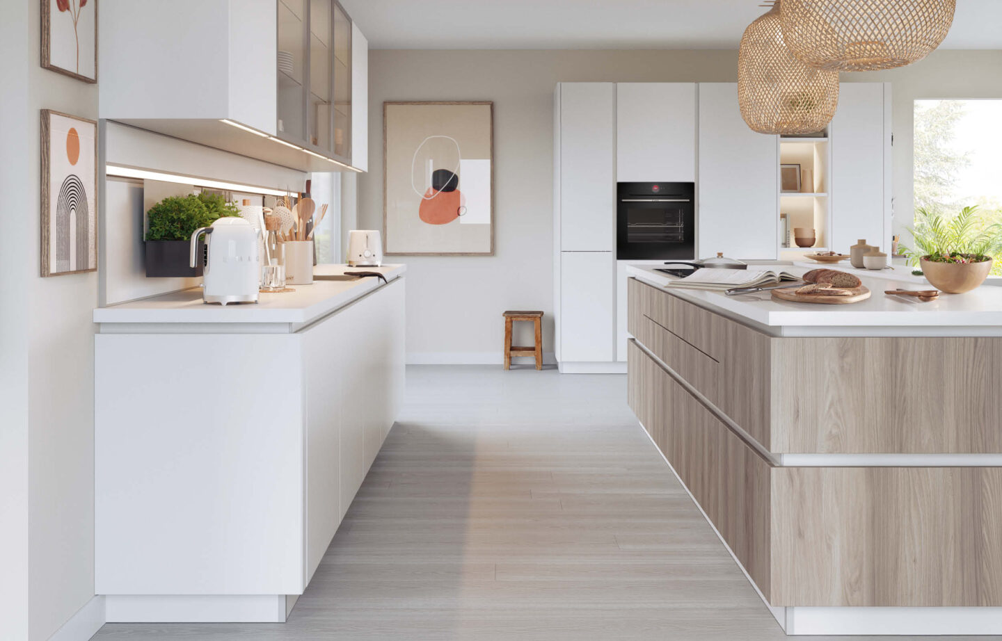 Detail einer Schüller Küche mit Kochinsel und moderner Arbeitsplatte im Küchenstudio Helmke