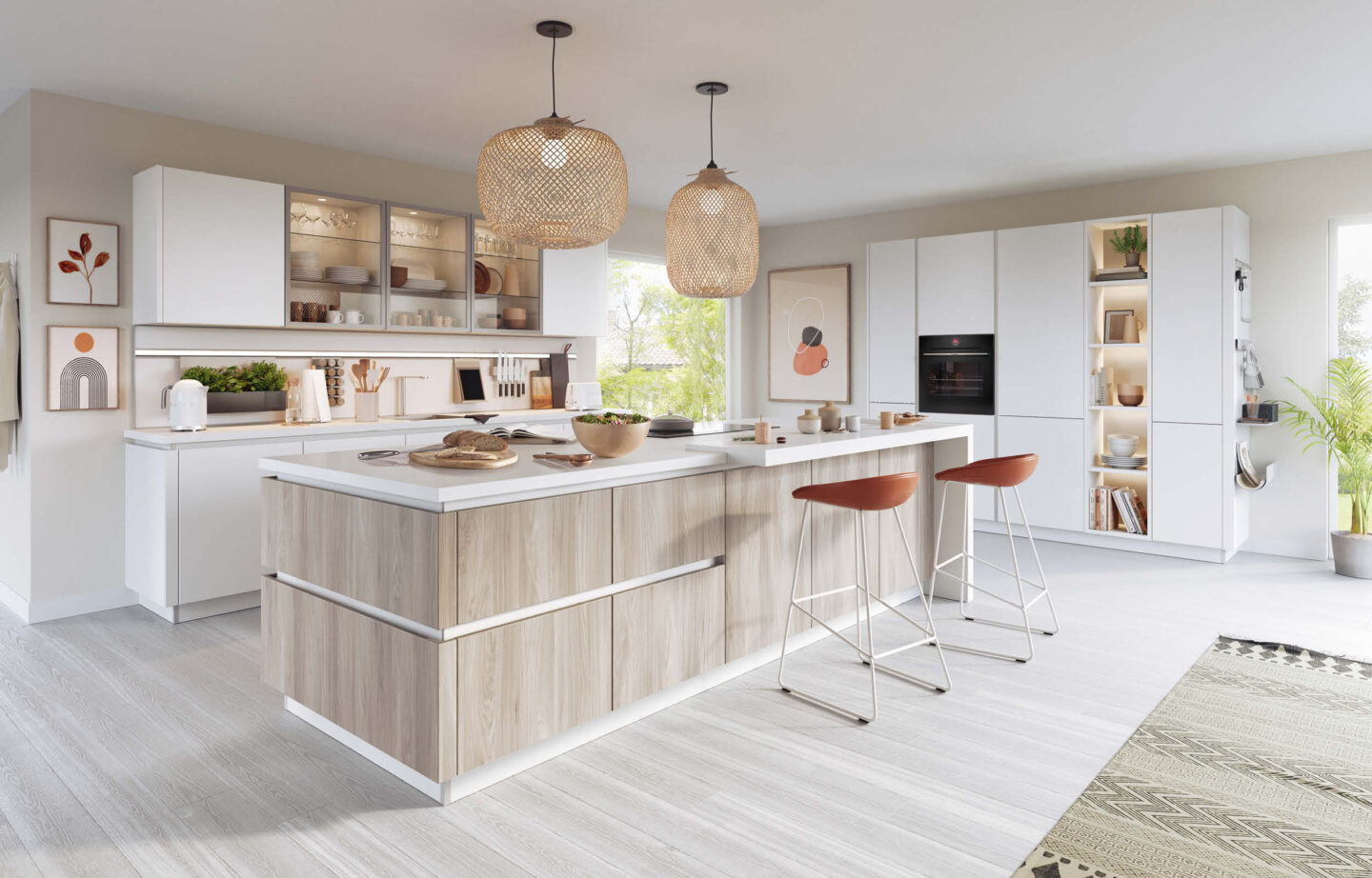 Helle Schüller Wohnküche mit Kochinsel und Holzoptik im Küchenstudio Helmke