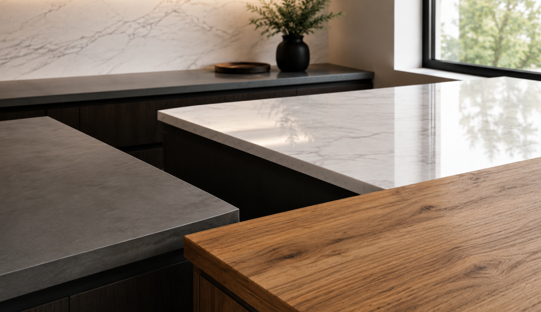 Moderne Küche mit drei unterschiedlichen Arbeitsplatten in grauer Steinoptik, weißer Marmoroptik und warmer Holzoptik – Materialvergleich für individuelle Küchenplanung bei Helmke Küchen.