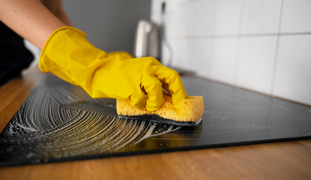 Moderne helle Küche mit drei unterschiedlichen Arbeitsplatten in grauer Steinoptik, weißer Hochglanzoberfläche und natürlicher Holzoptik – Materialvergleich für individuelle Küchenplanung bei Helmke Küchen.