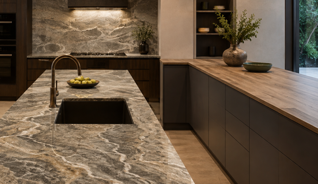 Elegante moderne Küche von Helmke Küchen mit Naturstein-Arbeitsplatte, dunklen grifflosen Fronten, Holzarbeitsplatte und großzügiger Kücheninsel mit Spüle.